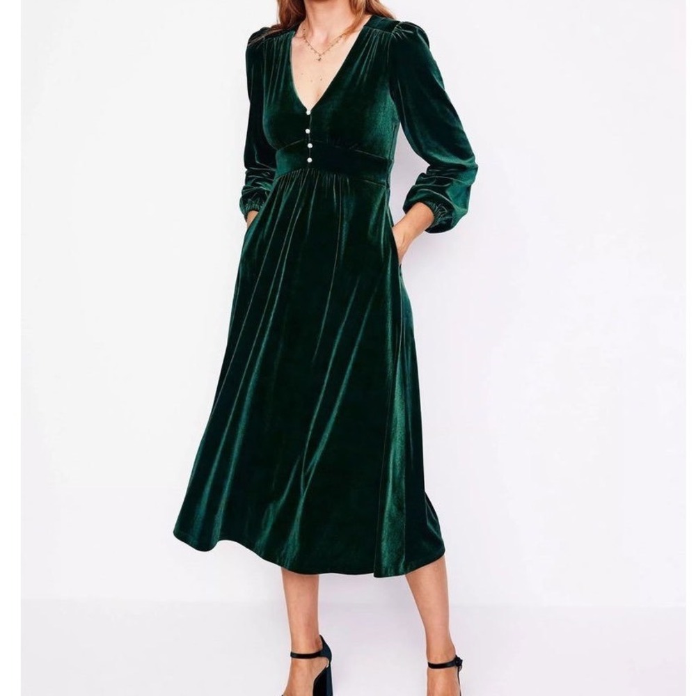 Boden Jocelyn Velvet Tea Dress Pine Green Long Sleeve Midi Rhinestone US 12